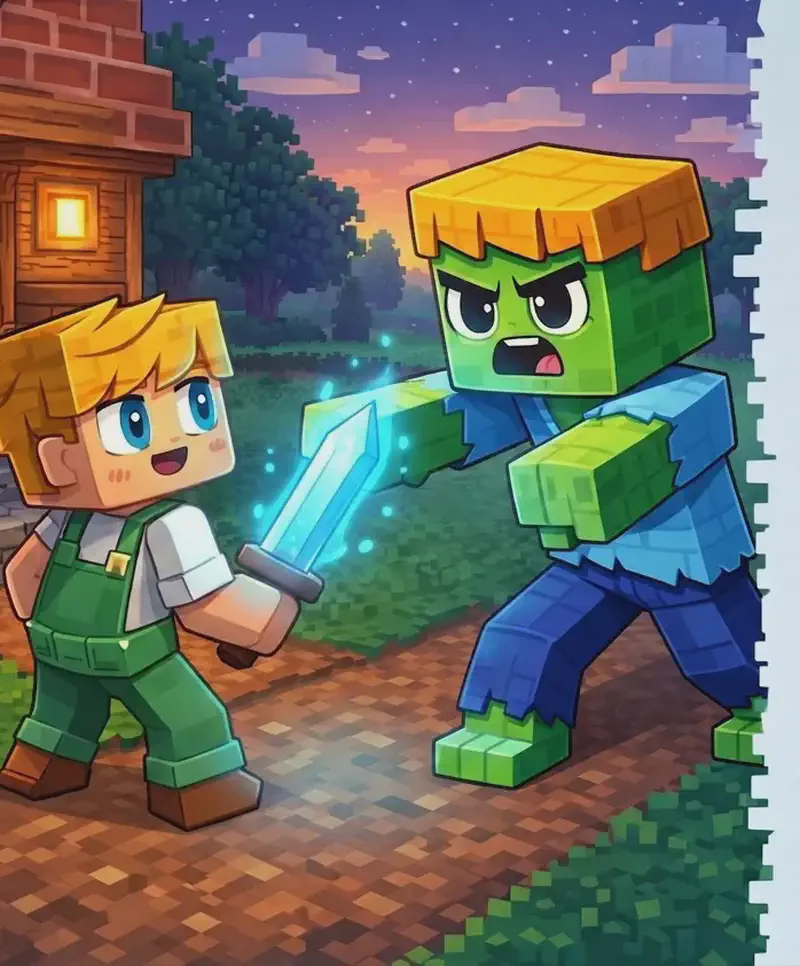 On the left side of the image, Ned stands in a determined stance on a dirt path just outside his house, holding a sword in one hand and facing Zombie who lurches toward him from the right with arms outstretched in a classic zombie attacking pose. Zombie is large and imposing, towering over Ned. The scene is set outdoors at dusk with trees and green grass in the background, and a wooden house with a stone foundation, glowing windows, and a sign reading "Ned's House" visible on the far left. The right ~40% of the image is plain background reserved for text.