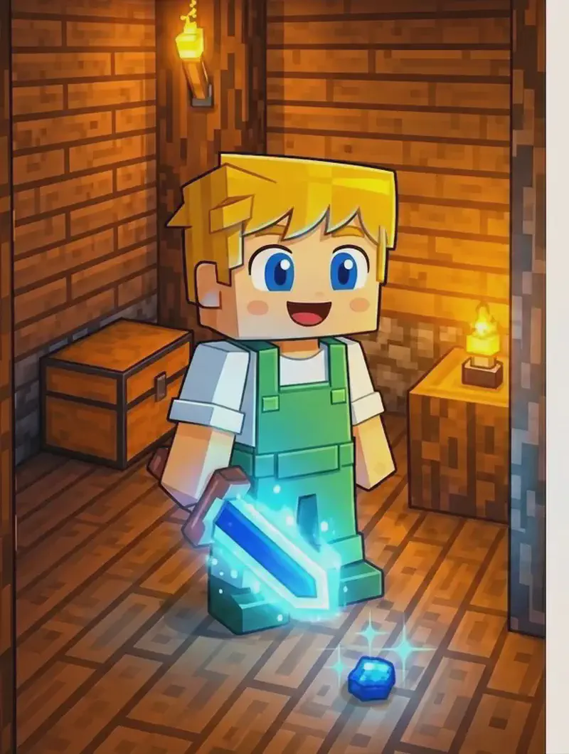 On the left side of the image, Ned stands inside a wooden house, looking down at a small golden gem glinting on the wooden floor — loot dropped by defeated monsters. Ned has a relieved, proud grin on his face, his glowing magic sword held at his side. The interior is warmly lit by a wall-mounted torch, with wooden plank walls, a wooden chest nearby, and a cozy indoor atmosphere suggesting safety after a nighttime adventure. Ned stands near the doorway he just entered. The right side of the image is plain light background reserved for text.