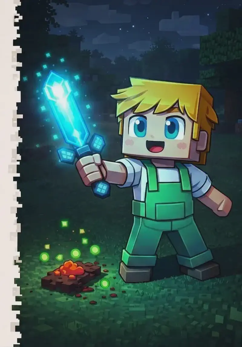 On the right side of the image, Ned stands at a three-quarter angle facing the viewer in a victorious pose on a dark grassy field, holding his sword out in front of him — the blade glowing brightly with a strange magic light. On the ground nearby, a lump of rotten flesh and scattered pixels of experience orbs mark where the zombie was defeated. The scene is set outdoors at dusk with dark, overcast skies, trees and a wooden structure visible in the background, giving a tense nighttime atmosphere. The left ~40% of the image is plain background reserved for text.