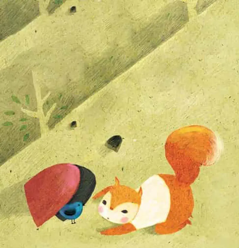 Orange squirrel meeting small blue bird near ladybug on grassy hillside with scattered acorns.