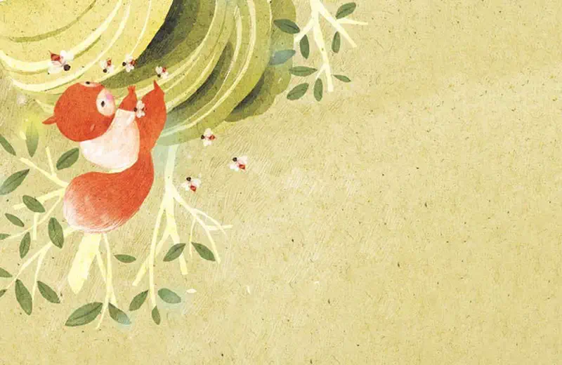 Orange squirrel hanging from tree branch reaching toward bees flying around green swirled beehive.