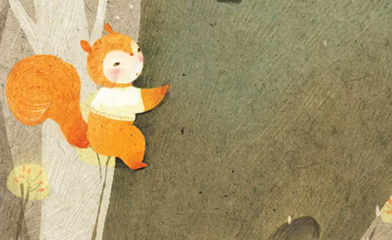 Orange squirrel in sweater holding onto birch tree trunk looking across empty forest clearing.