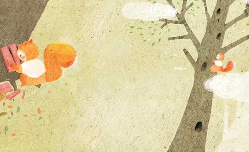 Orange squirrel running with suitcases past tree where small squirrel sits on mushroom cloud.