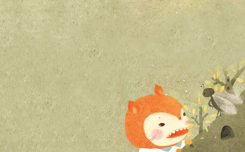 Squirrel looking surprised at cicada on branch with yellow autumn leaves against green background.