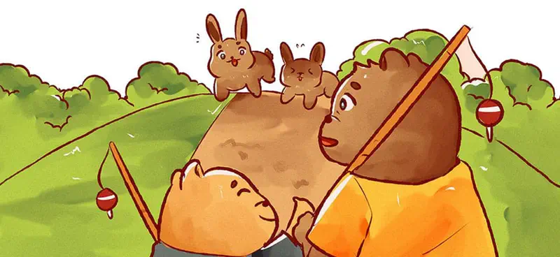 Two bears with fishing rods look surprised as two playful rabbits hop on a large rock surrounded by green bushes.