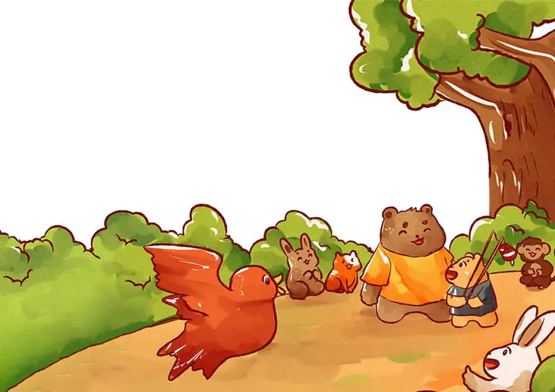A bear family gathers with woodland friends including rabbits, a squirrel, and a monkey under a large tree while an orange bird flies by.