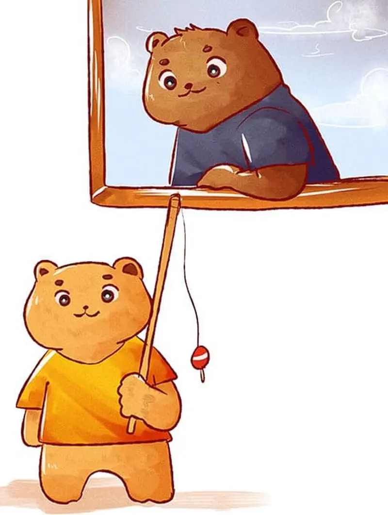A small bear cub with a fishing rod looks up at a larger bear in a blue shirt leaning out of a window.