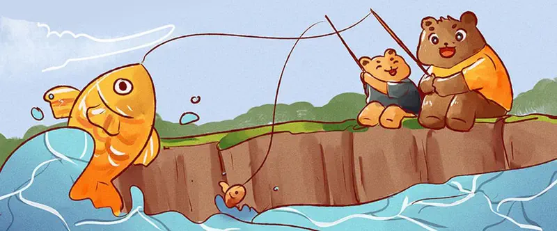 Two bears sit on a riverbank fishing together as large golden fish jump out of the blue water around them.