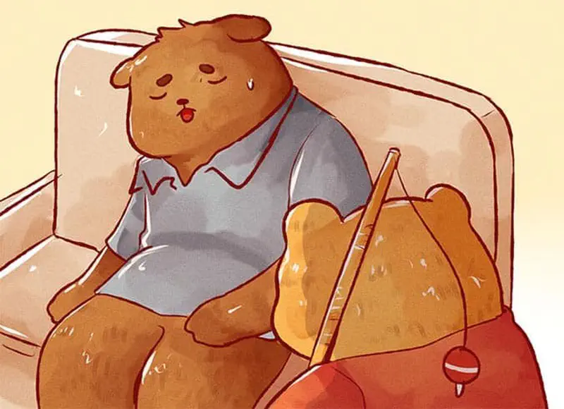 A tired bear in a blue shirt naps on a couch with a fishing rod and red bag beside him.
