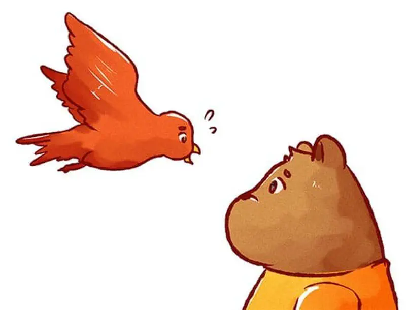 An orange bird chirps at a surprised bear cub in a yellow shirt against a white background.