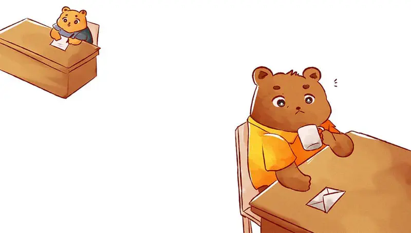 A small bear cub writes at a desk while a larger bear in yellow sits at another table holding a cup with a letter nearby.