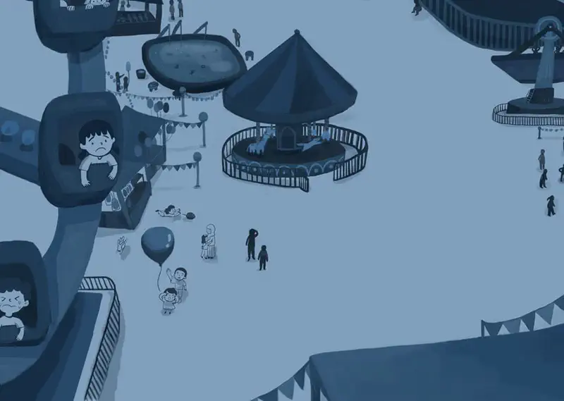 A monochrome blue-tinted amusement park scene with a sad boy on a ferris wheel, carousel, and families with balloons below.