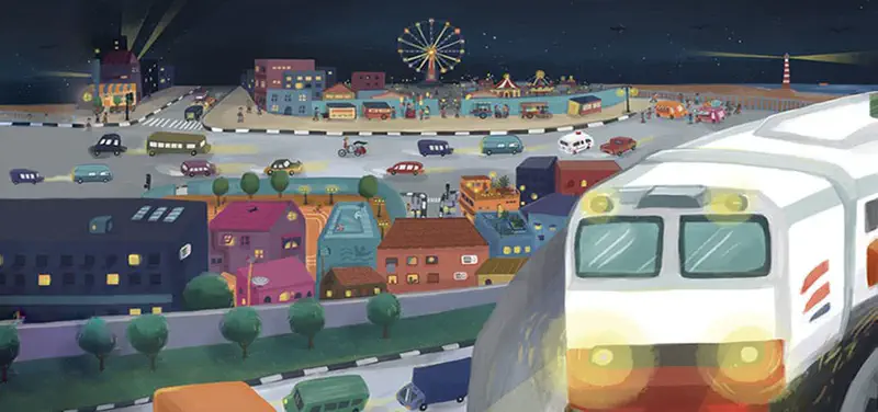 A colorful nighttime cityscape with a train, busy streets, ferris wheel, lighthouse, and buildings glowing with lights.