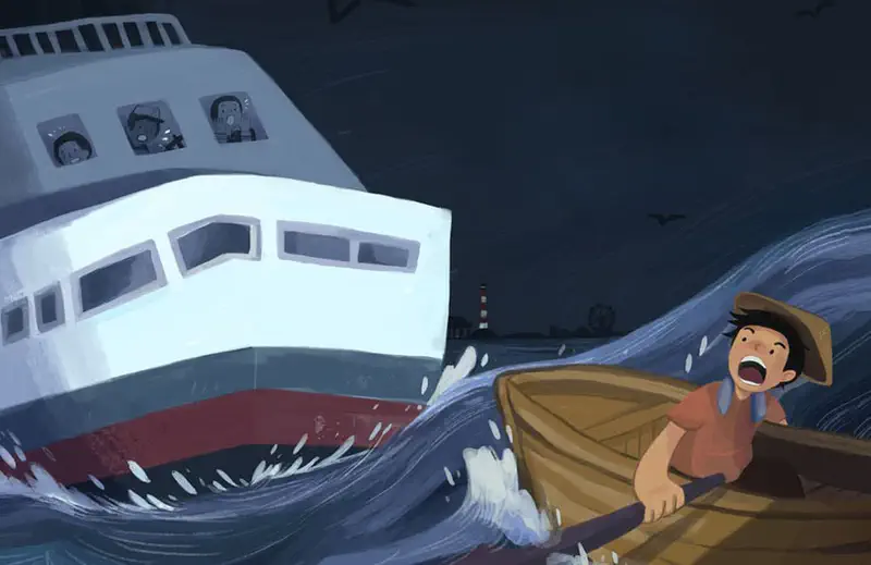 A frightened fisherman in a small rowboat rides a large wave as a ferry passes by in stormy dark waters near a lighthouse.