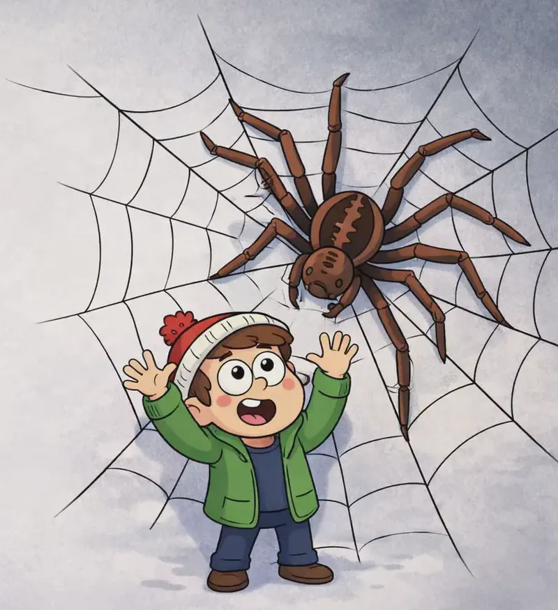 On the right side of the image, Child stands caught in a giant spider's web, arms raised with hands spread wide and an expression of awe and surprise, looking up at an enormous brown spider with eight clearly visible legs perched on the web above them. The web is made of thick, rope-like string stretching across the right portion of the scene. The background is a muted, misty gray, and the left side of the image is plain open space.