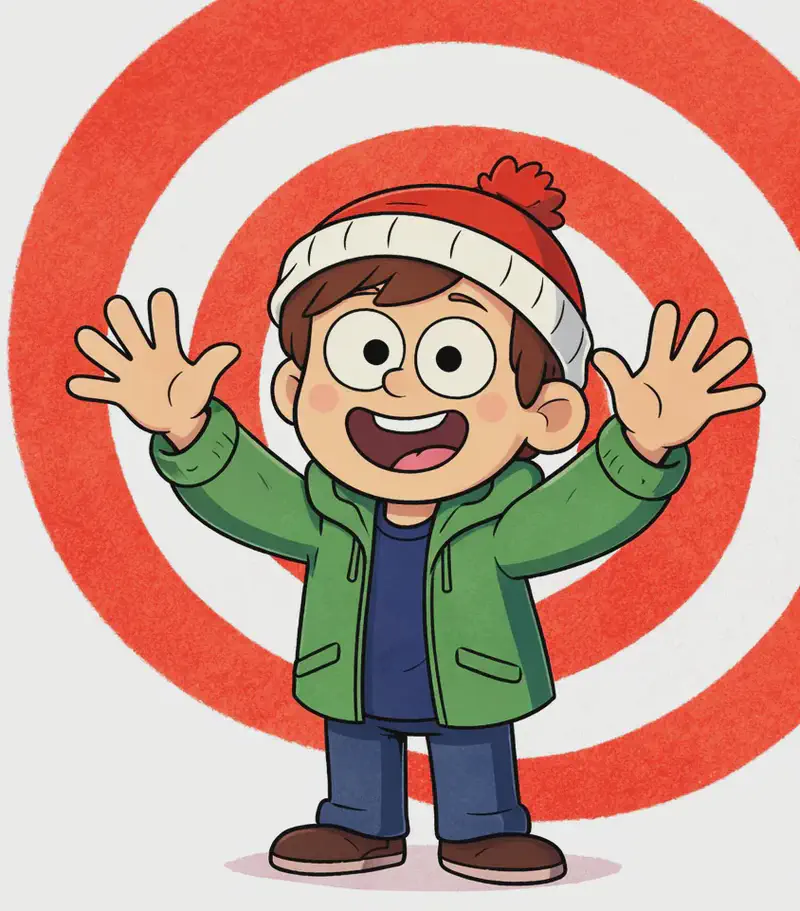 On the right side of the image, Child stands facing forward with a big, excited grin, holding both hands up wide open with all ten fingers spread out. Behind Child is a large red and white concentric circle (target/bullseye) pattern that frames them. The left side of the image is plain white/light background, clear for text.