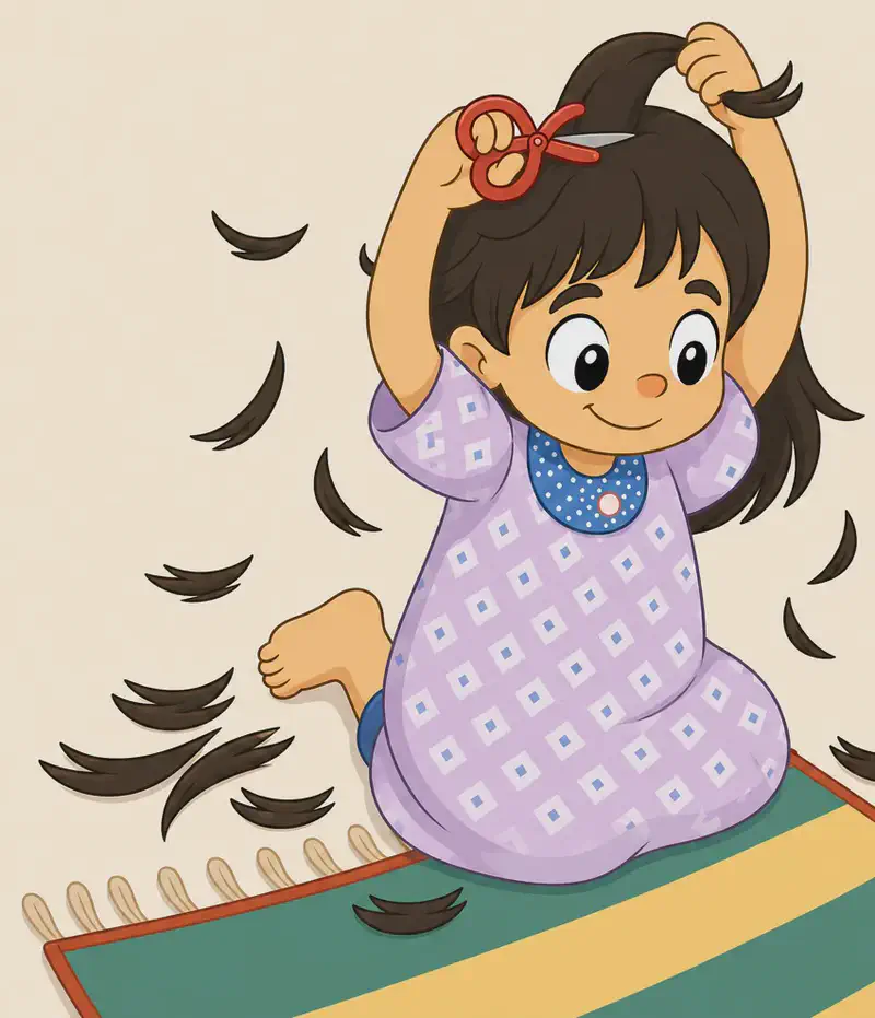 On the left side of the image, Allie is kneeling on a striped mat on the floor. She has a round face, large black eyes, light/fair skin, and shoulder-length brown hair — now being snipped at with a small pair of red craft scissors she holds above her head with both hands. She has a cheerful, determined smile. She wears a light purple/lavender short-sleeved dress. Dark brown hair clippings float and scatter through the air around her. The right side of the image is plain, warm-toned background.