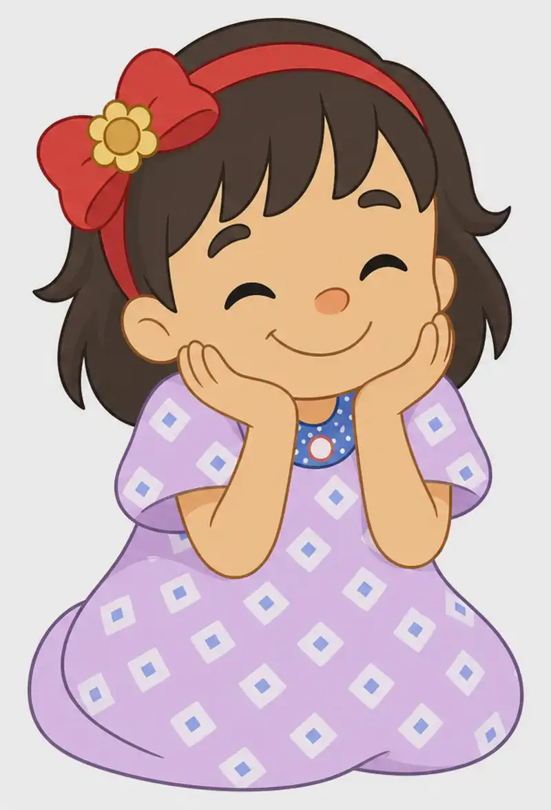 On the left side of the image, Allie stands facing forward with her eyes closed and a big, delighted smile, cupping both hands under her chin in a pleased, contented pose. She has a round face, large black eyes (closed), light/fair skin, and short badly-cut brown hair with a red headband with a red bow and gold flower accent. She wears a light purple/lavender short-sleeved dress. The background is plain white, leaving the right side completely open for text.