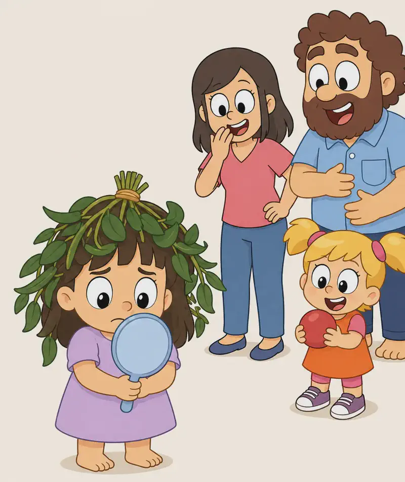 On the right side of the image, Allie stands in the foreground holding her small round light-blue hand mirror up to her face, looking dismayed and uncomfortable. She has a round face, large black eyes, light/fair skin, and wears a light purple/lavender short-sleeved dress. Her badly-cut brown hair is covered in droopy spinach leaves arranged like a messy wig on top. In the upper-right corner, Mum and Dad stand together laughing heartily at Allie's spinach hairstyle. Mum has chin-length wavy brown hair, large round black eyes, light/fair skin, and wears a coral-red short-sleeved V-neck top and blue jeans. Dad is stocky with warm medium-brown skin, large round white eyes with black pupils, a wide round nose, a full curly dark-brown beard and matching curly dark-brown hair, wearing a light blue short-sleeved button-up shirt with a front chest pocket and dark navy-blue pants — he holds his belly laughing. Sister is just below them, also laughing with delight and holding a red ball. Sister has golden-blonde hair in two short pigtails with pink hair ties, large dark eyes, light/fair skin, and wears an orange short-sleeve dress over a pink t-shirt. The scene is set indoors against a plain, light background.