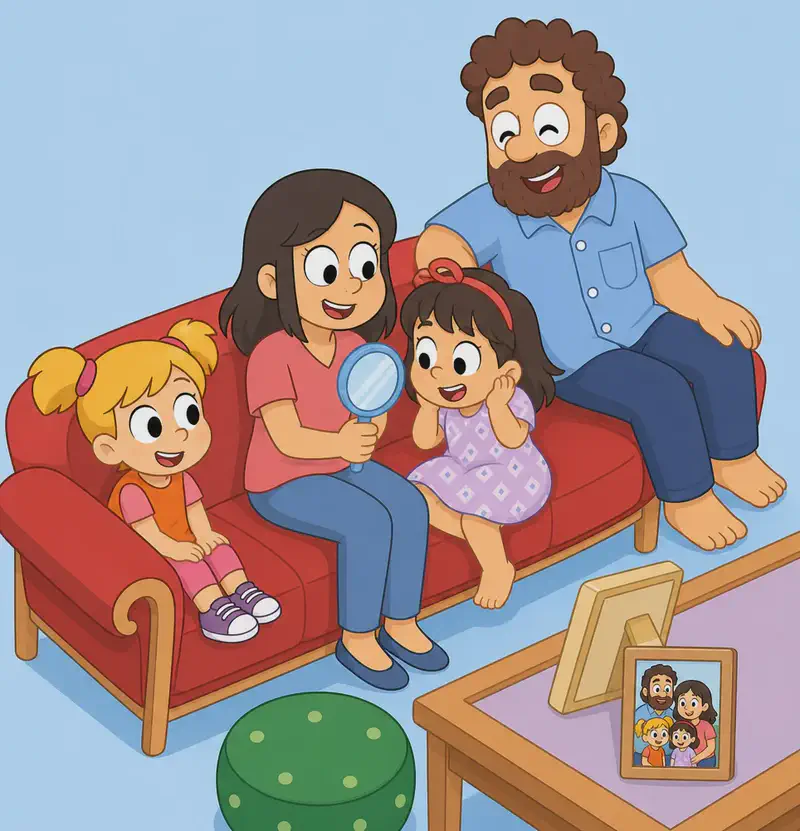 On the right side of the image, the whole family is gathered on and around a red couch in a cosy living room. Mum sits on the couch smiling broadly, holding up a small round light-blue hand mirror toward Allie. Mum has shoulder-length dark brown hair, large round black eyes, light/fair skin, and wears a coral-red short-sleeved top, blue jeans, and dark blue flat shoes. Allie sits beside Mum on the couch, looking delighted with a big grin as she sees herself in the mirror, one hand resting on her cheek. Allie has a round face, large black eyes, light/fair skin, bare feet, and her short brown hair now has a red hairband on it. She wears a light purple/lavender short-sleeved dress with a small diamond pattern. Sister sits on the left end of the couch, turned toward the others and smiling happily. Sister has golden-blonde hair in two short pigtails with pink hair ties, large dark eyes, light/fair skin, and wears an orange short-sleeve top over a pink t-shirt with pink leggings and purple-and-white sneakers. Dad is perched on the arm of the couch behind them, laughing with his eyes closed. Dad is stocky with light/fair skin, large round white eyes with black pupils, a wide round nose, a full curly dark-brown beard and matching curly dark-brown hair, wearing a light blue short-sleeved button-up shirt with a front chest pocket and dark navy-blue pants, with bare feet. On the lower right, a small coffee table with a pink/lavender top holds a framed family photo and a second empty frame, and a round green polka-dot cushion sits on the floor nearby. The left portion of the image is plain light blue background. The hairband is red and has a little bow on it.