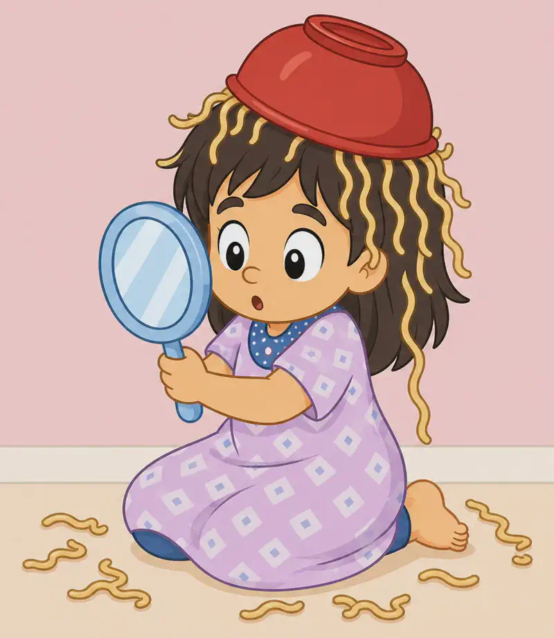 On the right side of the image, Allie is kneeling on the floor with a red bowl of noodles upturned on her head, noodles draped over her badly-cut brown hair and scattered on the ground around her. She has a round face, large black eyes, light/fair skin, and wears a light purple/lavender short-sleeved dress. She holds her small round light-blue hand mirror in front of her face, peering into it with a surprised, wide-eyed expression. The scene is set indoors against a soft pink background with a pale floor.