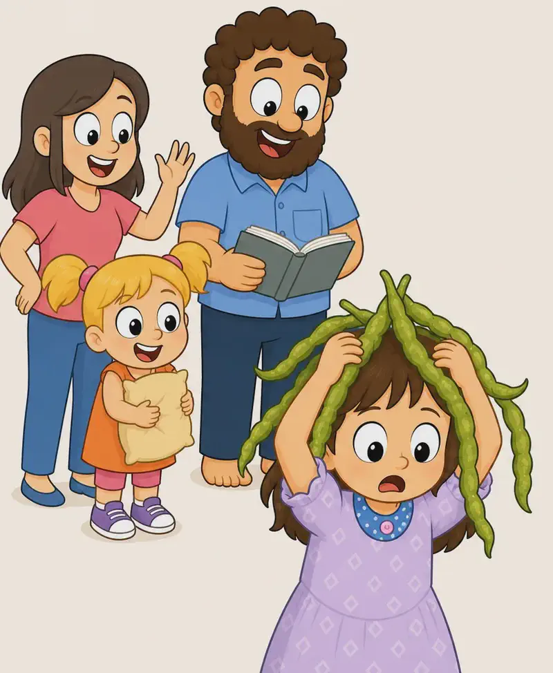 On the left side of the image, Allie stands in the foreground with a dismayed, open-mouthed expression, holding green bean pods on top of her head with both hands raised — the beans drape down like wild, tangled hair over her badly-cut brown hair. She has a round face, large black eyes, light/fair skin, and wears a light purple/lavender short-sleeved dress. In the upper-left corner, Mum, Dad, and Sister are grouped together, all laughing and amused at Allie's bean-hair attempt. Mum has chin-length wavy brown hair, large round black eyes, light/fair skin, and wears a coral-red short-sleeved V-neck top and blue jeans. Dad is stocky with warm medium-brown skin, large round white eyes with black pupils, a wide round nose, a full curly dark-brown beard and matching curly dark-brown hair, wearing a light blue short-sleeved button-up shirt with a front chest pocket and dark navy-blue pants — he holds a book. Sister has golden-blonde hair in two short pigtails with pink hair ties, large dark eyes, light/fair skin, and wears an orange short-sleeve dress over a pink t-shirt — she clutches a pillow, grinning with delight. The scene is set indoors against a plain, light background. The right ~40% of the image is empty white space.