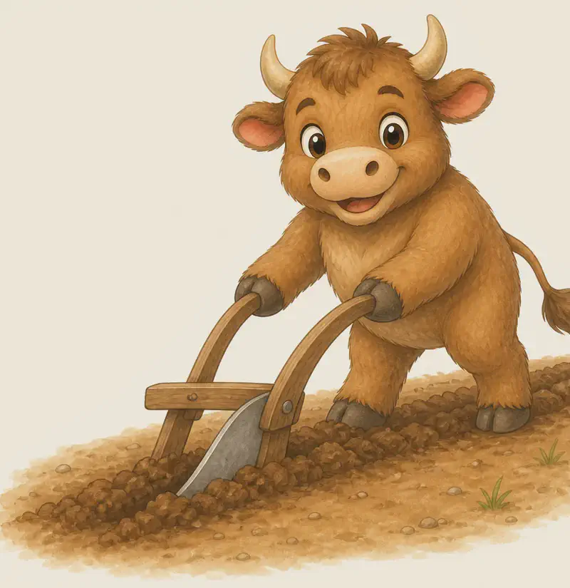 Eloy pulling a simple wooden plow across a patch of soil. His expression is calm and content as he works. A line of freshly turned earth follows behind the plow. Mood: gentle, hard-working.