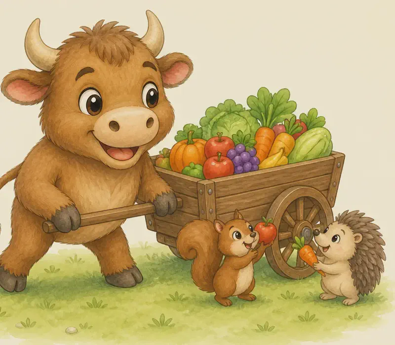 Eloy pulls a simple wooden cart piled with fruits and vegetables across the park grass. One or two unnamed small park animals stand beside the cart, taking food from it and looking up at Eloy with grateful expressions. Eloy smiles back. Mood: cheerful, generous, community service.