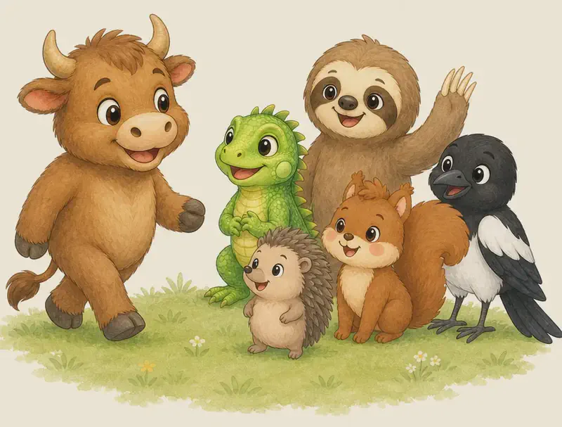 Eloy walks across the park grass toward his five friends, who are grouped together waiting for him. Adela, Enrique, Irene, Octavio and Úrsula are all clearly recognisable and visible in the group. Eloy smiles in greeting. Mood: cheerful, friendly reunion.