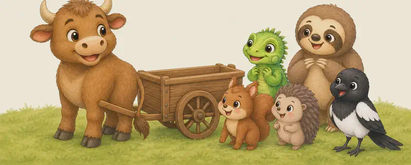 Eloy stands beside his wooden cart, looking back at his five friends with a friendly inviting smile. The friends are clustered close together near the cart, all looking excited and happy at the invitation. Mood: anticipation, joyful agreement.