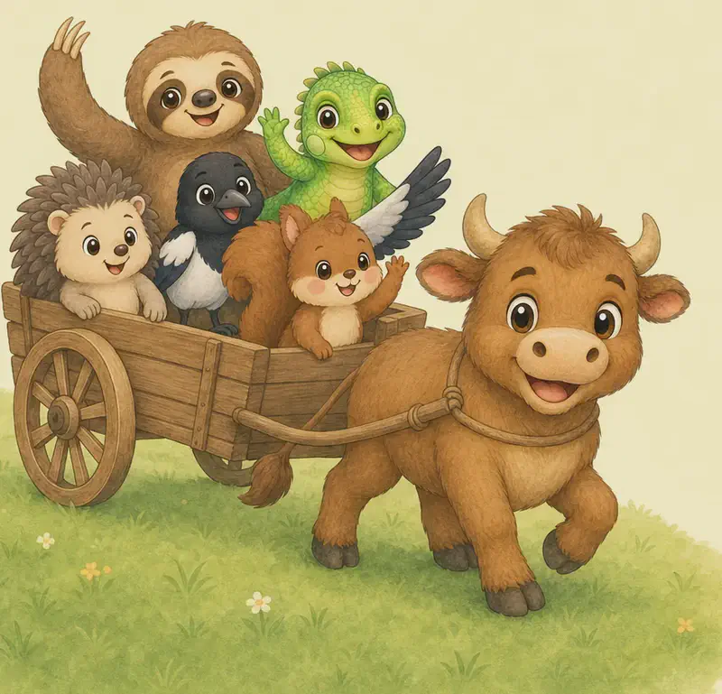 Eloy pulling the wooden cart through the park with his five friends riding inside it, all smiling and waving with delight. The cart and Eloy move together as one happy group across the park grass. Mood: joyful, adventurous, the closing feel-good page.