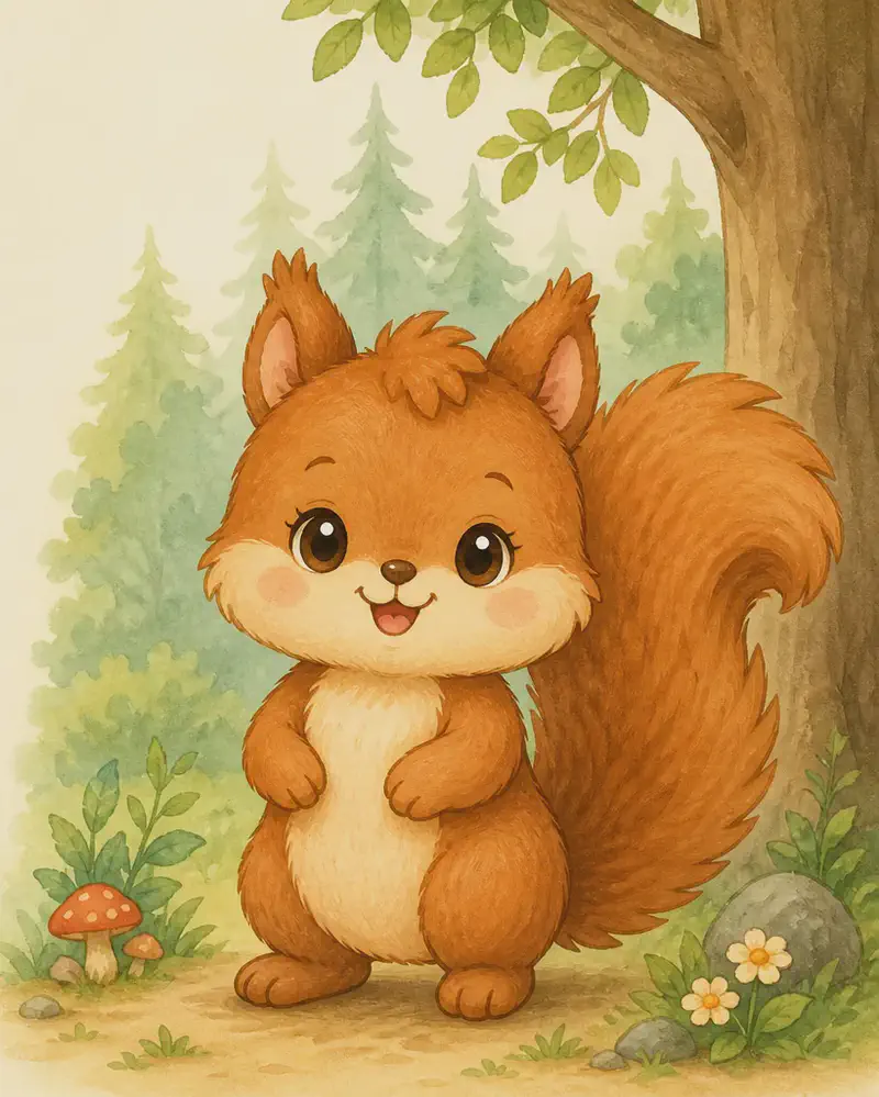 Introduce Adela. Show her full body in a clear, friendly standing pose on a soft forest setting. Long fluffy dishevelled tail clearly visible. Welcoming mood.