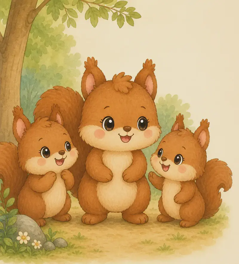 Adela stands surrounded by a small group of squirrel friends, all close together and smiling. Mood: warm and social.