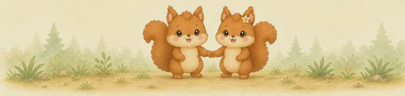 Adela and Alina stand together side by side as friends — perhaps with paws touching or one arm gently around the other. Soft forest backdrop. Mood: friendly introduction of Alina.