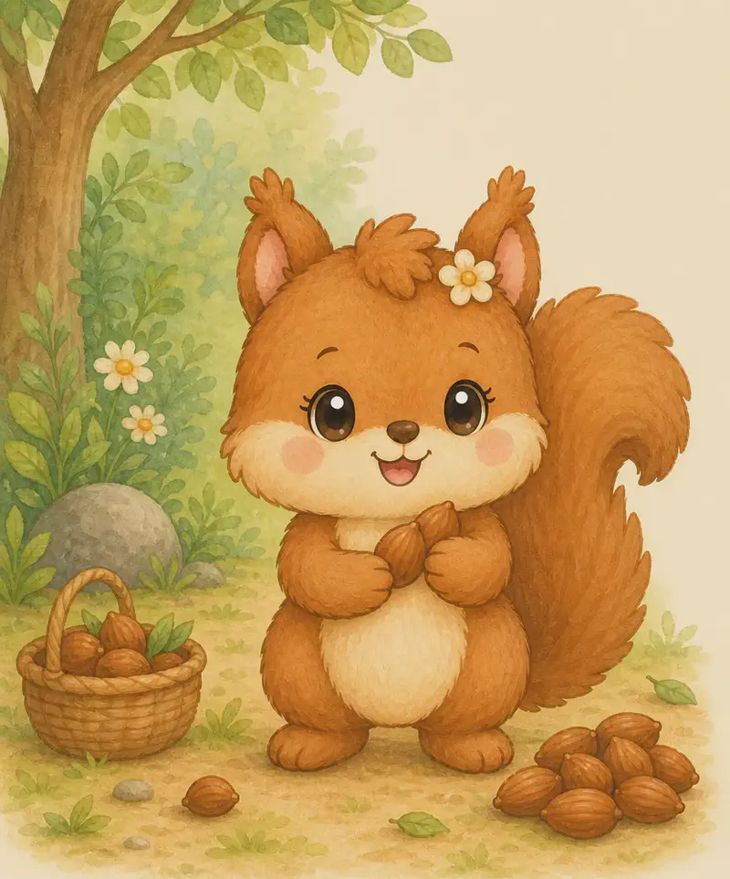 Alina is bent over or standing on her back legs, gathering almonds. She holds one or two in her front paws and there is a small pile of almonds beside her. Simple natural setting.
