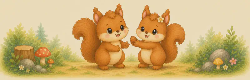 Alina holds out an almond (or a small handful) to Adela, who reaches to accept it. Both squirrels smile warmly. Mood: friendship and sharing.