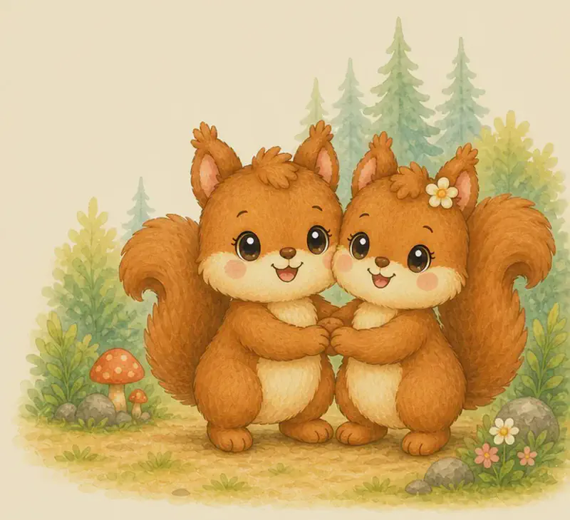 Adela and Alina side by side in a happy, close pose — perhaps cheek-to-cheek or with paws linked — beaming at the reader. Soft forest setting. Closing-page warm friendship mood.