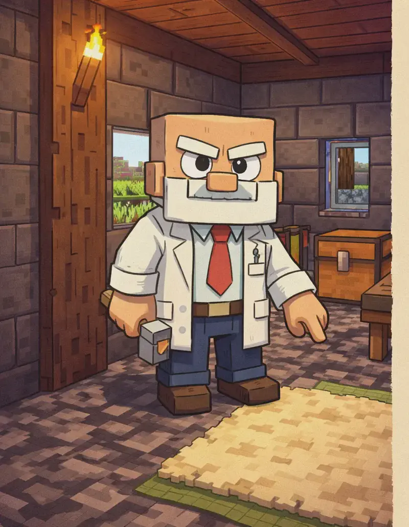 On the left side of the image, Dr. Can Do stands inside a cosy stone cottage interior, facing the viewer with a calm, determined expression and one arm extended downward, pointing at a soft carpet spread across the floor — demonstrating how sheep's wool can be turned into carpet for home improvement. He is a blocky, Minecraft-inspired character with a cube-shaped head, light beige skin, white bushy eyebrows, a thick white mustache, and small dark eyes. He wears a white lab coat over a white dress shirt with a red necktie, dark brown belt, dark navy-blue pants, and dark brown shoes, and holds a small grey hammer in his right hand. The room has stone walls, a wooden ceiling, a wooden support beam with a wall-mounted torch above, and a chest nearby. A window looks out onto green surroundings. The right ~40% of the image is plain parchment-coloured background reserved for text.