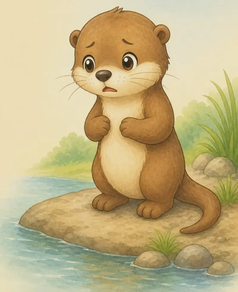 Nancy stands on a riverbank or rock at the edge of calm water, looking at the water with a hesitant, worried face. She is clearly on the dry edge — not in the water.