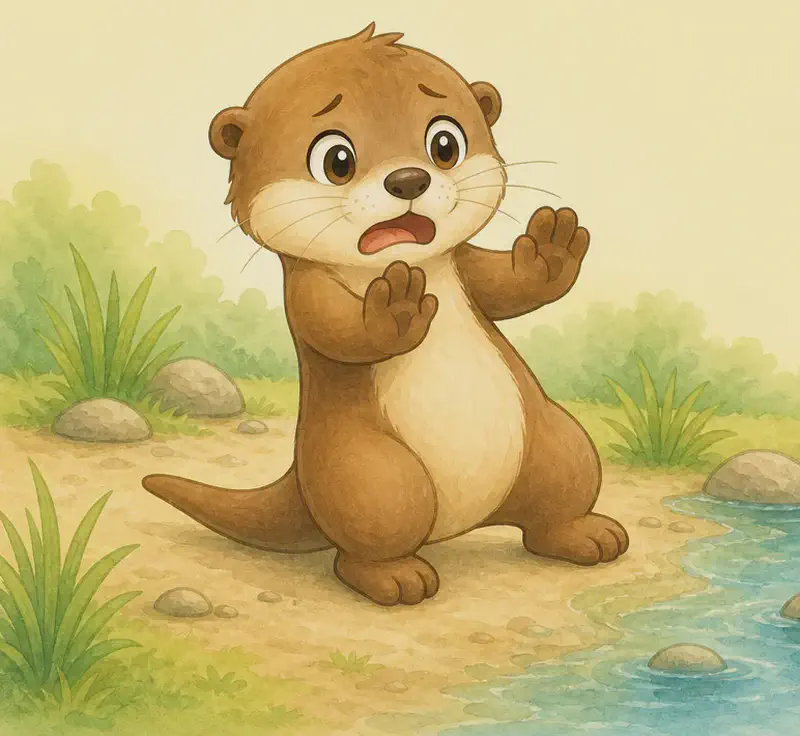 Nancy backs away from the water's edge with a clearly scared face — eyes wide, ears back, paws slightly raised. The water is calm but she is afraid of it.
