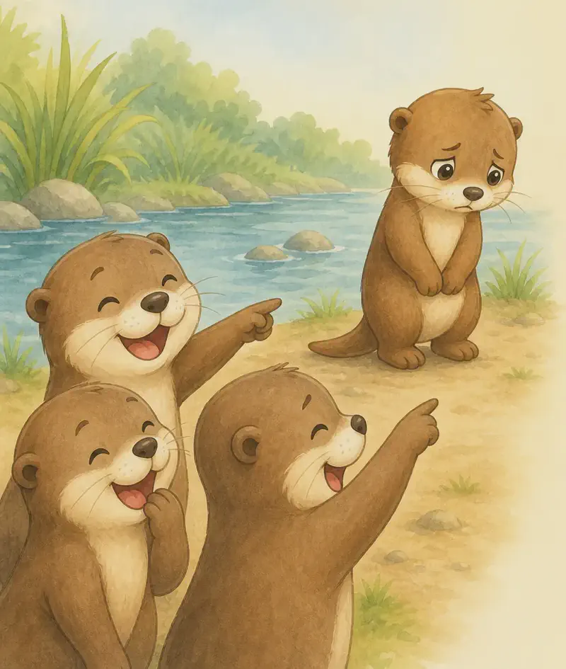 Nancy stands apart with a sad, downcast face while two or three unnamed otters laugh and point at her in the foreground. The other otters' postures are clearly teasing. Mood: gentle but unhappy.