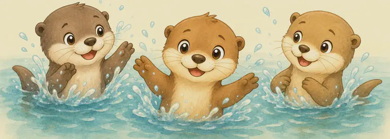 Nancy and a couple of otter friends swim and play happily in the water — splashing, smiling, all clearly enjoying themselves. Closing-page mood: triumph and joy.