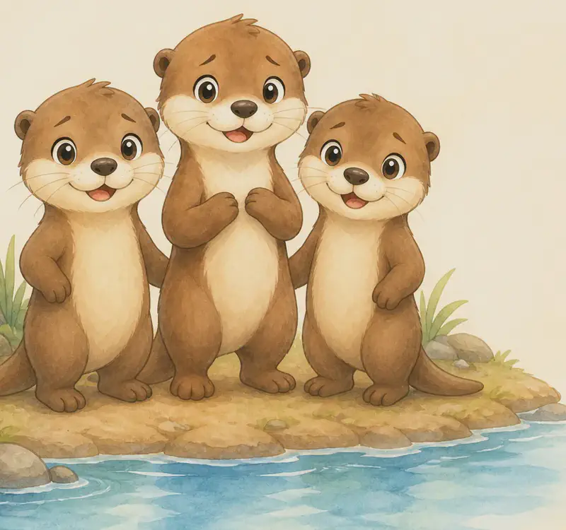 Introduce Nancy. She stands on a riverbank near the water with her two siblings Natalia and Nico beside her. The three are clearly otter siblings of similar build. The water is visible to one side of the group. Mood: warm and welcoming — the reader's first look at the main character.