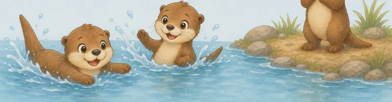 Natalia and Nico are happily swimming in the river, splashing playfully. Nancy stands alone on the riverbank watching them with a worried, apprehensive expression. Mood: contrast between joy in the water and Nancy's hesitation on the shore.