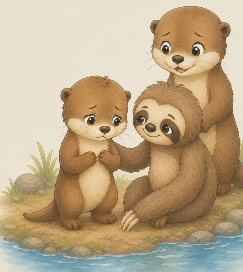 Nancy looks down sadly. Octavio sits or leans next to her with a kind, comforting expression, perhaps a paw extended toward her. Slightly behind them, an unnamed adult otter (Nancy's mother) stands looking on encouragingly. Mood: gentle, comforting, friendship and support.