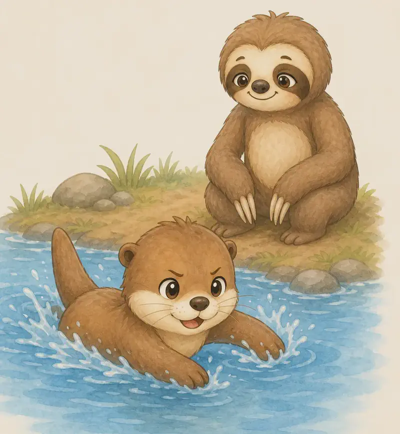 Nancy paddling in the river for the first time — clearly making an effort, with a determined expression. Octavio is on the bank nearby, watching her supportively. Mood: brave first try, persistence beginning.