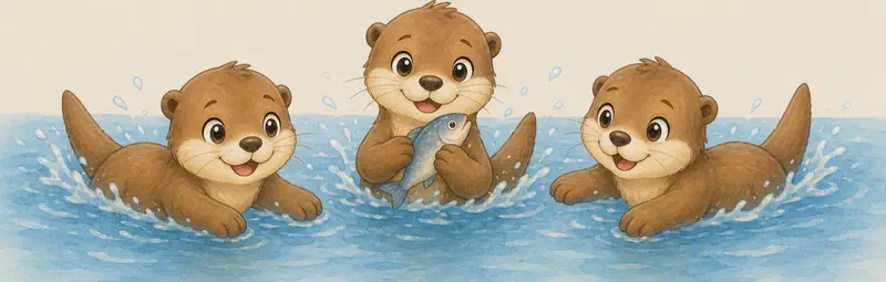 Nancy swims confidently in the river holding a small fish in her paws or mouth. Natalia and Nico swim happily alongside her. Mood: confident, accomplished, joyful.