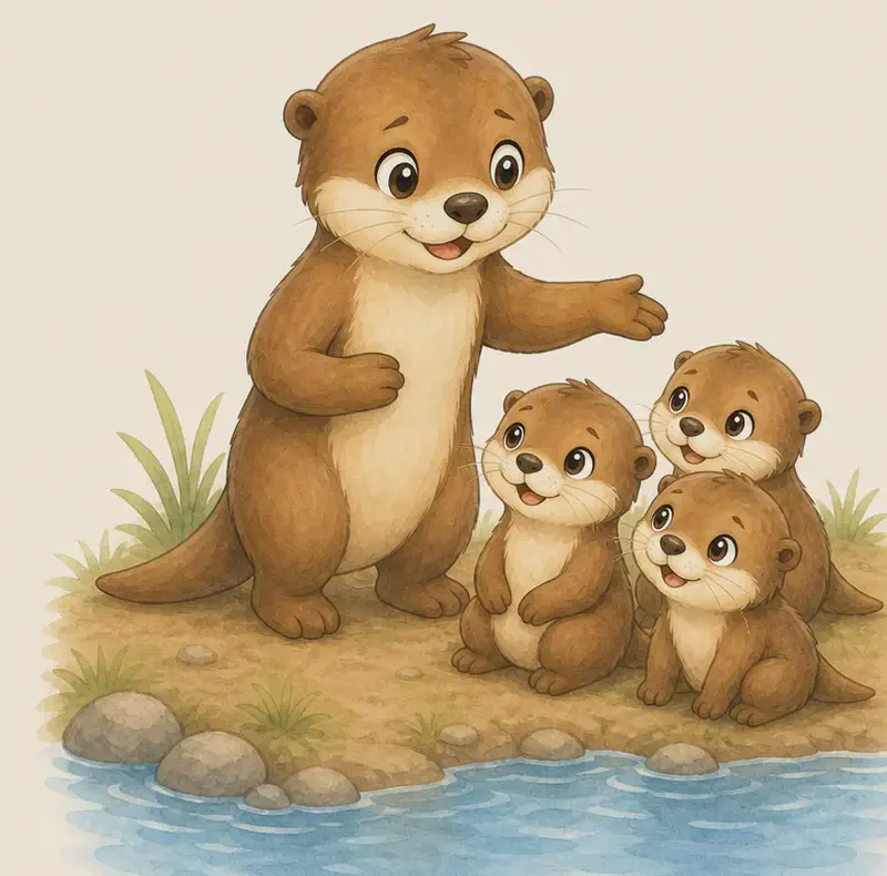 Nancy stands on the edge of the water with two or three small baby otters gathered around her. She gestures kindly toward the water as if teaching them. The baby otters look up at her trustingly. Mood: nurturing, patient, encouraging.