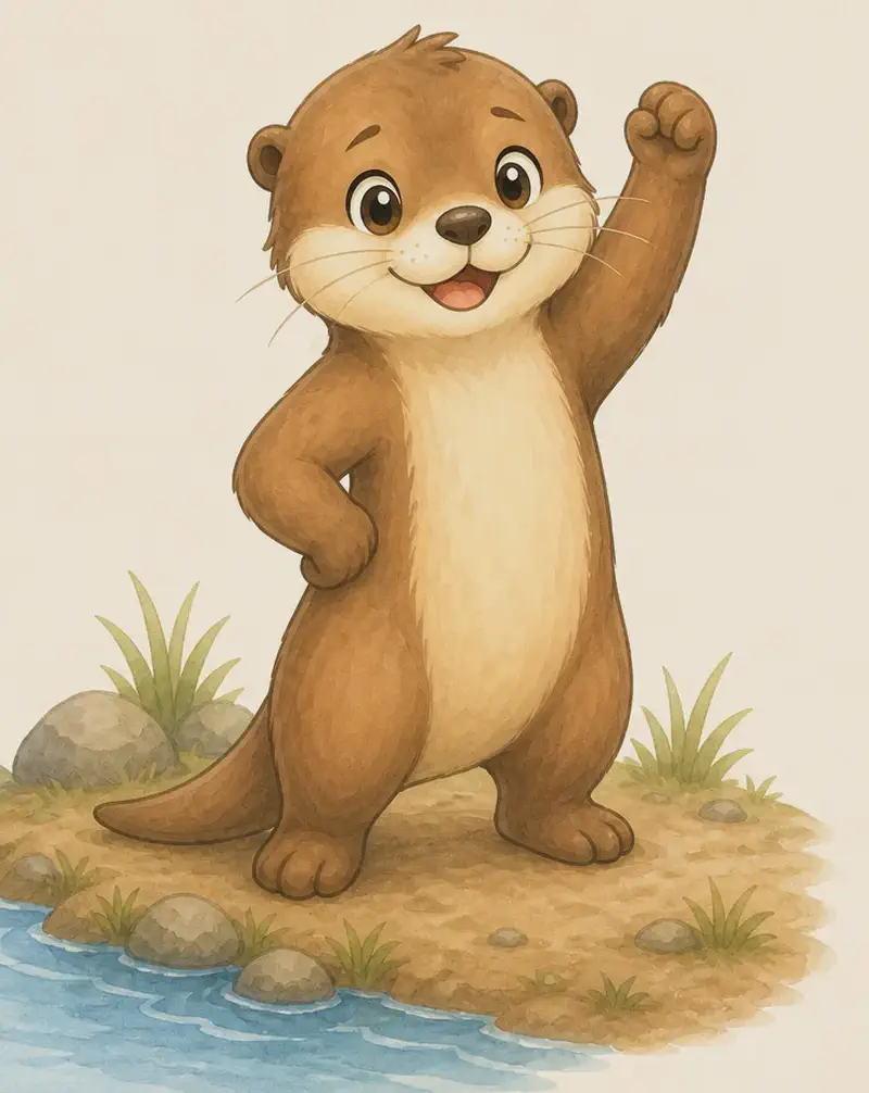 A celebratory closing portrait of Nancy. She stands proudly on a riverbank in a confident pose, perhaps with one paw raised in triumph. A glimpse of water beside her. Mood: proud, accomplished, the closing feel-good page.