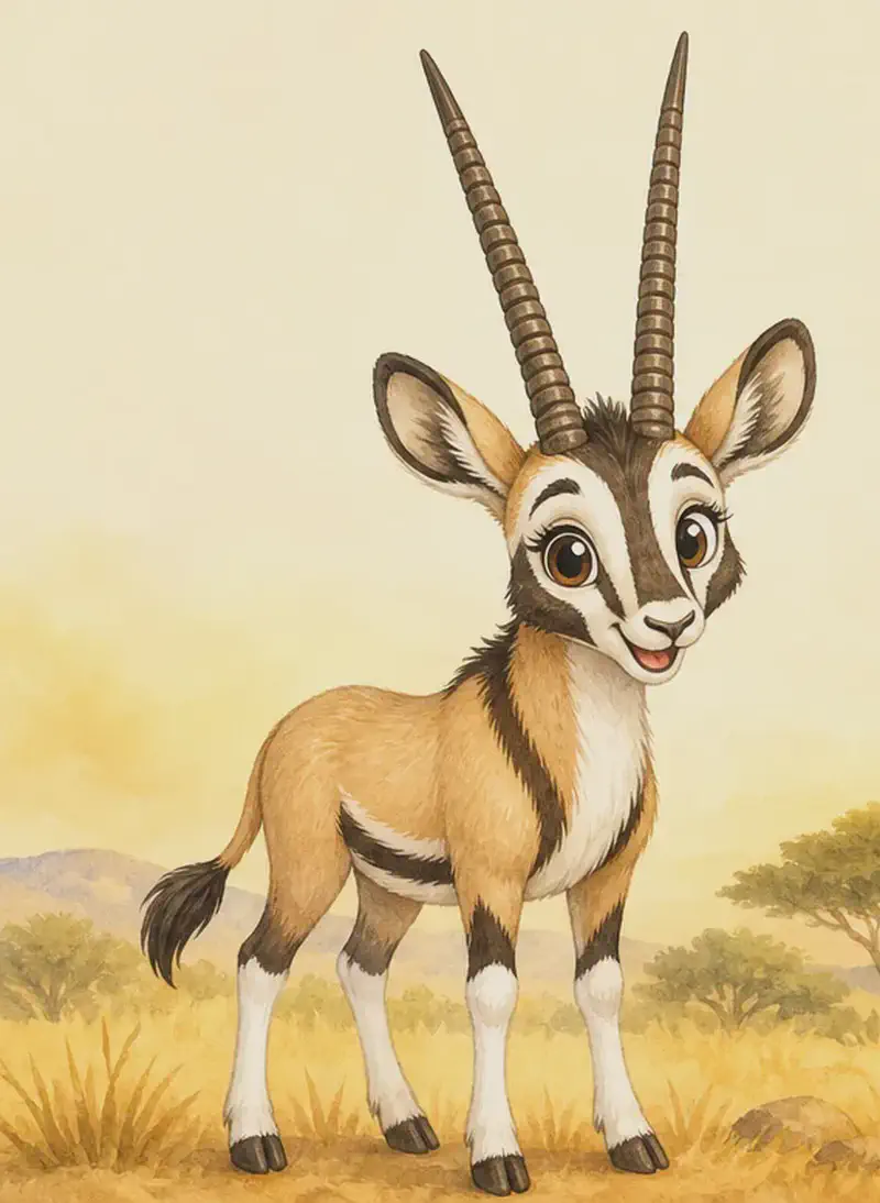 Introduce Calixto. Show him in a clear, friendly full-body standing pose so the reader can clearly see his two long straight ringed horns and his dark face mask markings. Soft savanna-style background.